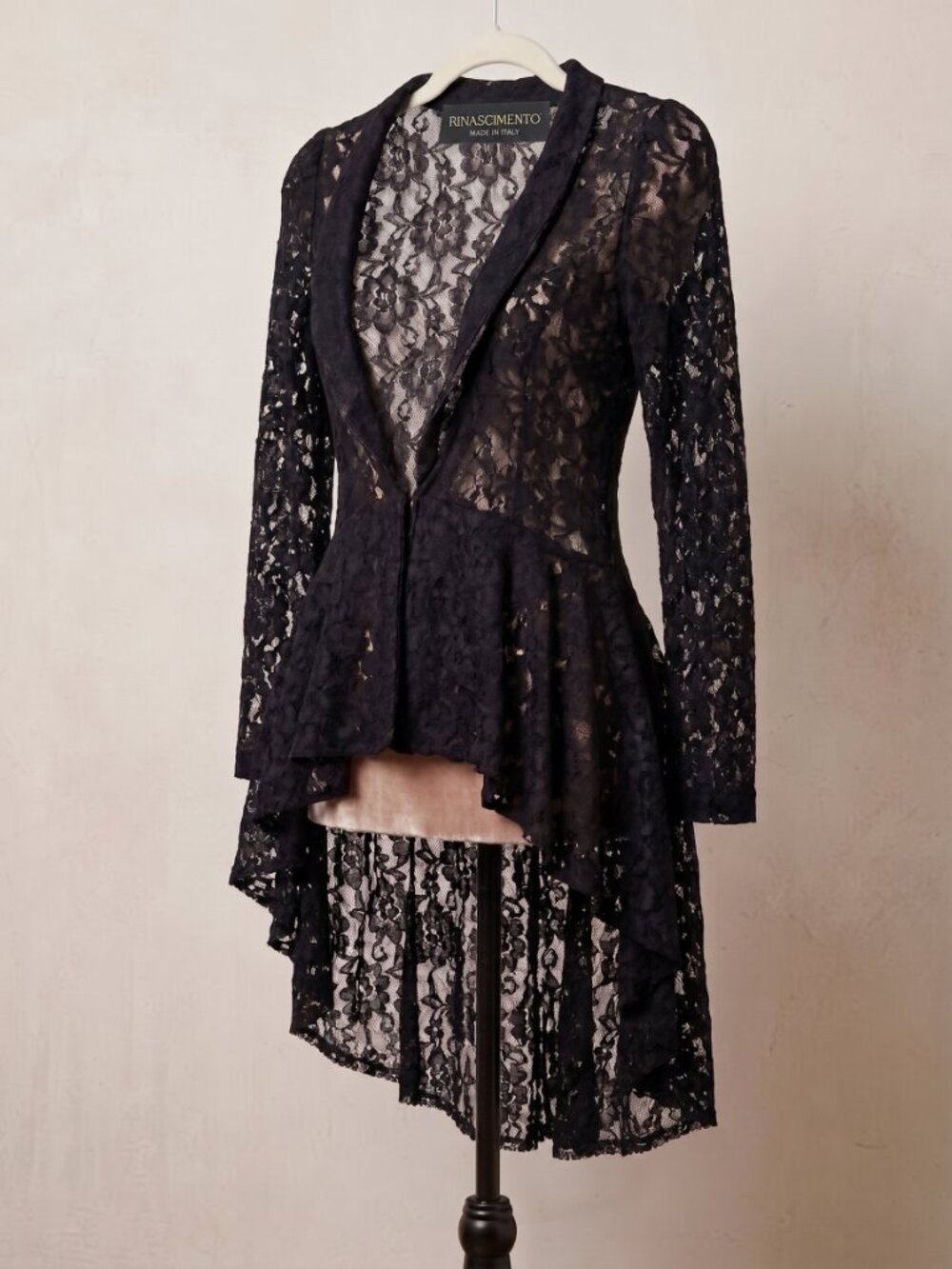 RINASCIMENTO Italy Black Floral Lace High-Low Peplum Jacket Victorian Tailcoat S
